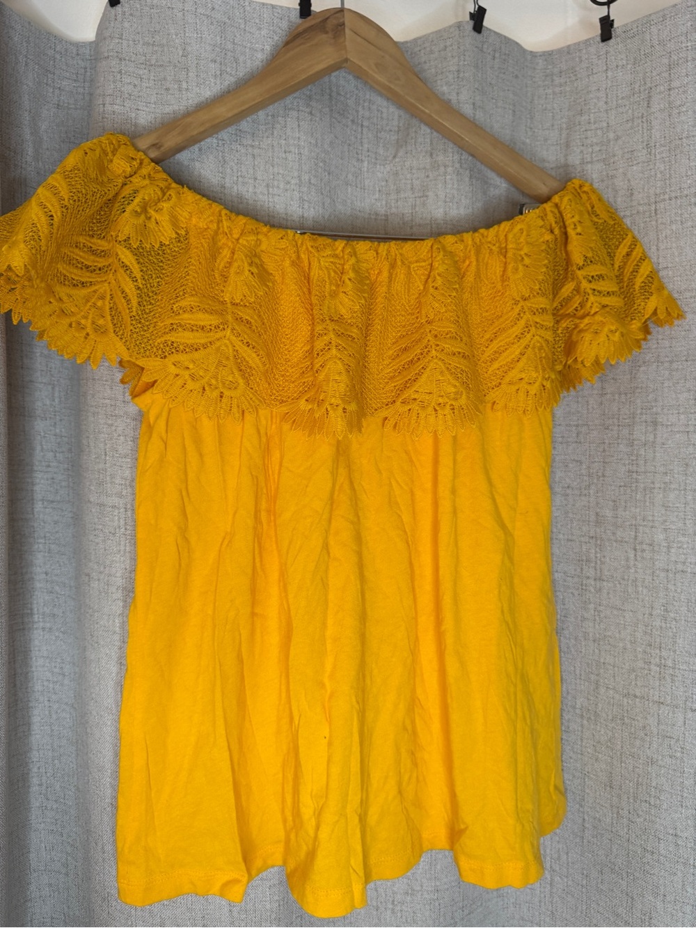 a new day Yellow Off-Shoulder Lace-Trim Tunic Top